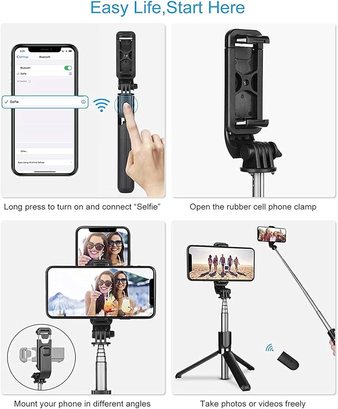 Asta Selfie Treppiede 3 in 1 Asta Selfie Bluetooth, Selfie Stick Treppiede Bastone Selfie Bluetooth estensibile Telescopico Monopiede regolabile con telecomando rimovibile e supporto stabile