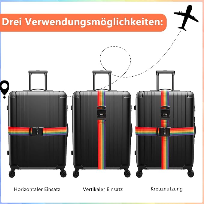 Cinghia Valigia, Cinghia per Valigie con Chiusura a Combinazione Cintura per Bagaglio Accessori Viaggio(Colore dell'arcobaleno)